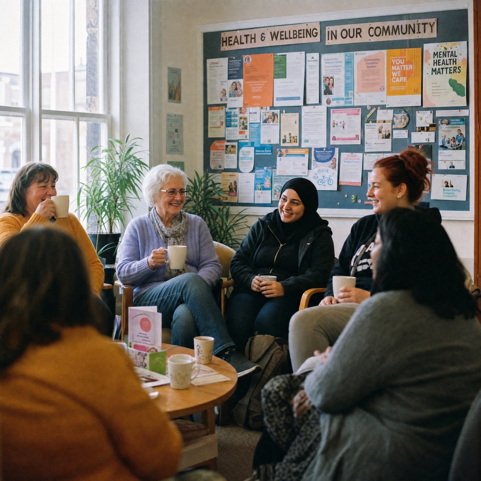 A small community hall with parents seated in a circle, babies on laps, a facilitator speaking