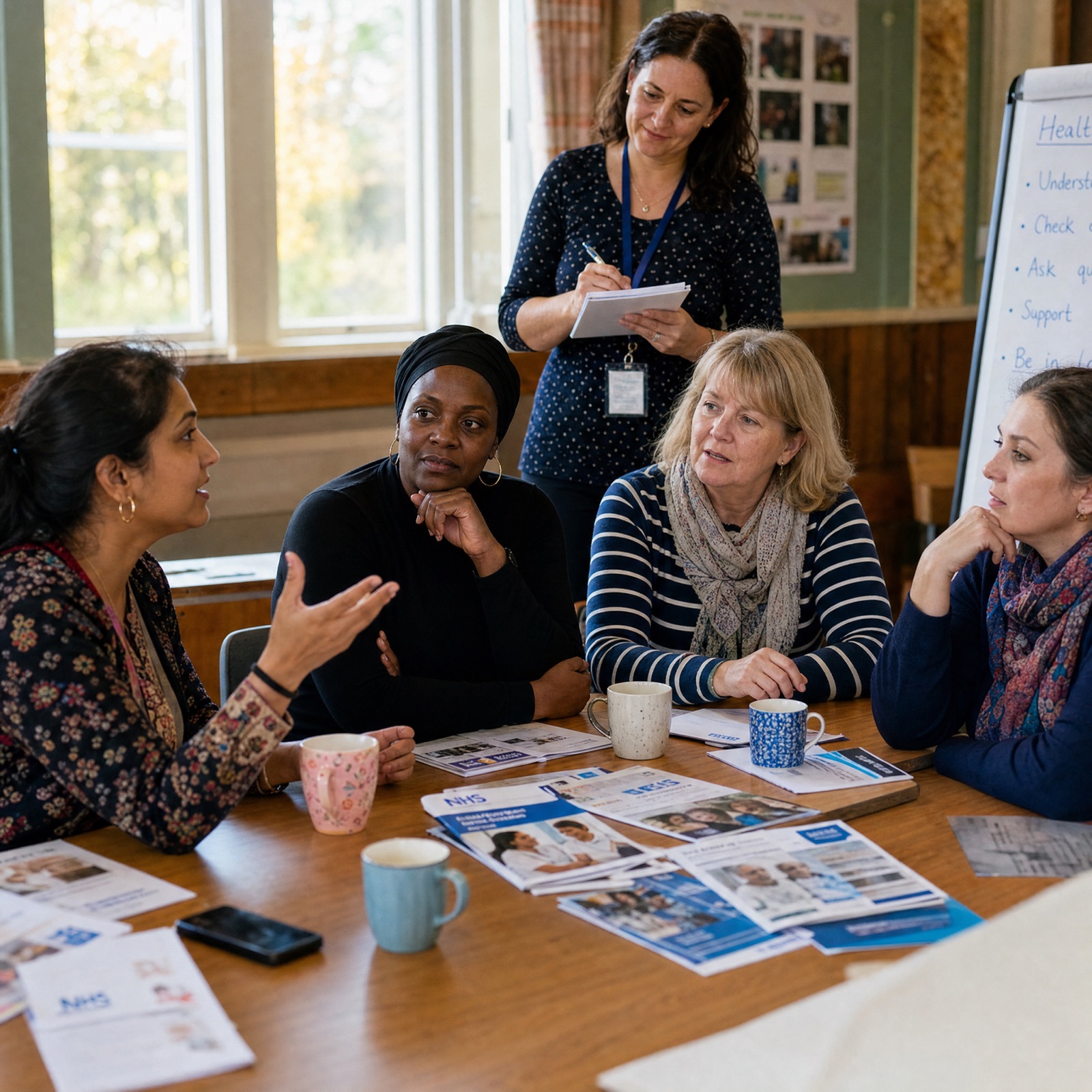 Parents and facilitator in a warmly lit Scottish village community hall